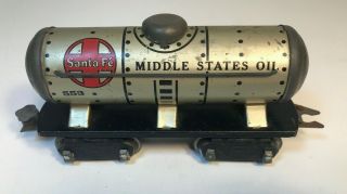 Vintage Marx Pre - War Tin Santa Fe Middle States Oil 553 Railroad Tanker Car