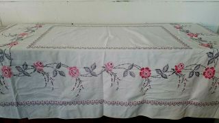Vintage Mid Century Hand Made Embroidery Floral Table Cloth Pink Flowers