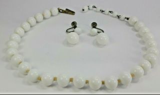 Vintage Necklace Choker Earring Set White Milk Glass Beads Hand Knotted Japan