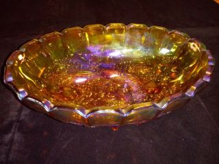 Vintage Indiana Amber Iridescent Carnival Glass Footed Oval Bowl - Fruit Harvest