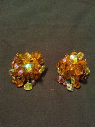 Vintage Vogue Signed Cluster Amber & Amethyst Bead Clip - On Earrings Euc
