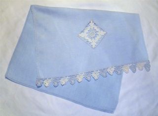 Vintage Estate Lt.  Blue Linen Cut - Work Design Lace - Edged Hand Towel - Euc