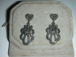 Vintage Sterling Silver 925 & Marcasite Drop Dangle Stud Back Earrings W/ Backs