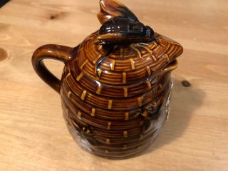 Vintage Tropic Bee Honey Pot Jar Ceramic Hive Bee Green Handled Cork Stopper