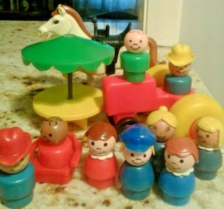 Fisher Price Vtg Wooden People,  Large Horse,  Farmer Tractor,  Farmer Camp Table