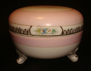 Vintage Nippon Hand Painted Blue Floral Pink Footed Vanity Powder Box Jar W/lid