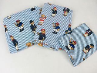 Vintage Ralph Lauren Polo Bear Blue Stripe 3 Piece Twin Sheet Set