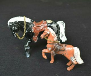 2 Vtg Black & Tan Painted Cast Metal Western Horse Figures Statue W Chains Japan
