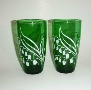 2 Vintage Forest Green Lily Of The Valley Drinking Glasses Tumbler White Flowers