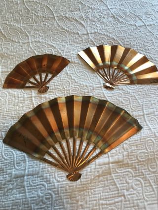 Set Of 3 Vintage Copper Hand Fans Wall Decor Picture Hanging Japanese Oriental