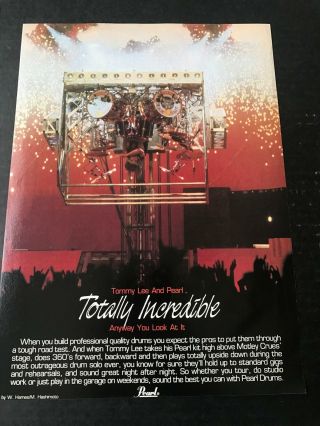 1988 Vintage 8x11 Print Ad For Pearl Drums Motley Crue Tommy Lee Upside Down Kit