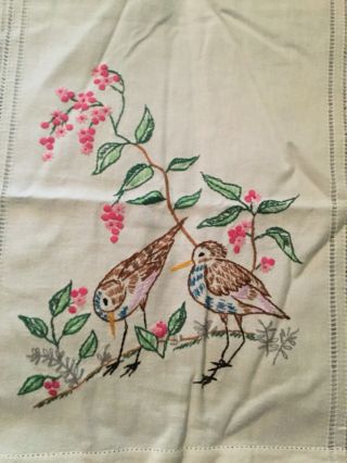 Vintage Hand - Embroidered Bureau/dresser Scarf.  36”lx15”w.  Bird Design.  Euc.