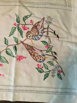 Vintage Hand - Embroidered Bureau/Dresser Scarf.  36”Lx15”w.  Bird Design.  EUC. 4