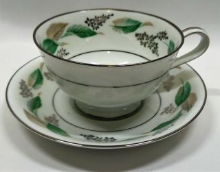 Noritake Vintage China Lynwood Footed Cup & Saucer X1 Green Gray Leaves Platinum