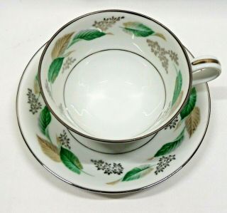 Noritake Vintage China Lynwood Footed Cup & Saucer x1 Green Gray Leaves Platinum 2