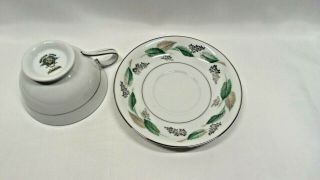Noritake Vintage China Lynwood Footed Cup & Saucer x1 Green Gray Leaves Platinum 3