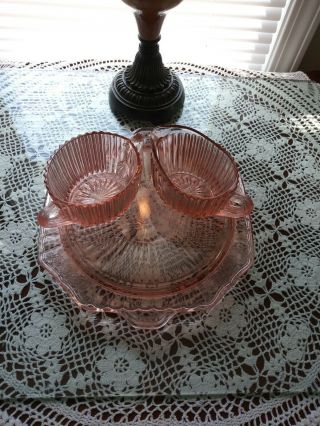 3 Piece Etched Pink Depression Glass.  Vintage Glass Platter And Sugar & Creamer
