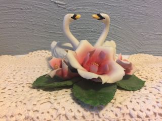Vintage Capodimonte Porcelain Two Lover Swans & Pink Roses Figurine