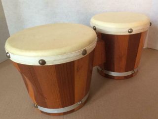 Lap Bongo Drums Wood Leather Hide Hecho En Mexico 6 " & 7 " Vintage