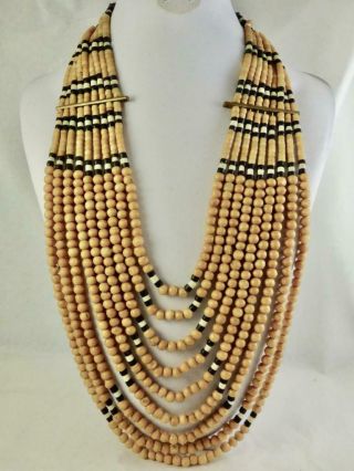 Vintage Boho - Indian - Tribal - Hippie Tan White Black Bead Multi - Strand Necklace