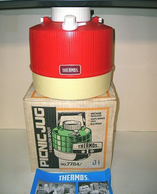 Vintage Thermos 1 Gallon Red & White Picnic Jug Water Cooler Retro W/ Box 7784