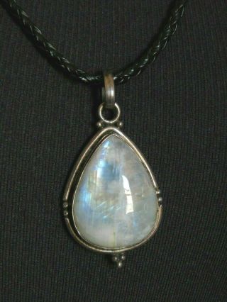 Vintage Sterling Silver & White Labradorite Pendant On Leather Cord Necklace 26 "