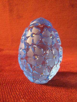 Paperweight Lead Crystal Blue Egg Shaped Vintage Flowers Etched Germany