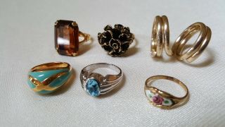 6 Vintage Costume Rings - 1 Marked Avon - 4 Gold Tone - 2 Silver Tone - Sizes 3 To 6 - Fs
