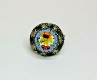 Unusual Vintage Italian Flower Micro Mosaic Silver Metal Ring Adjustable
