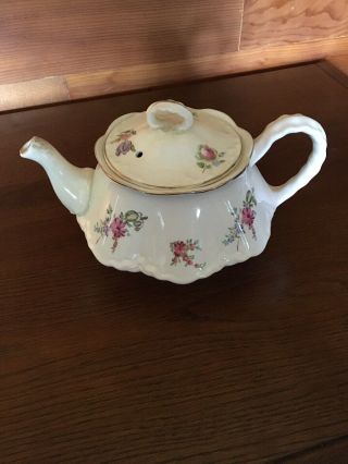 Vtg Homer Laughlin Priscilla Teapot Household Institute Gold Trim Flower Tea Pot