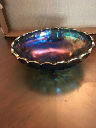 Vintage Blue Indiana Harvest Grape Carnival Glass Footed Fruit Bowl 12x8.  5x4.  5