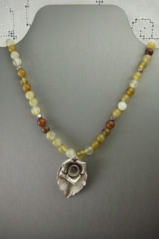Vintage Sterling Silver Quartz Art Glass Rose Flower 20 " Adjustable Necklace