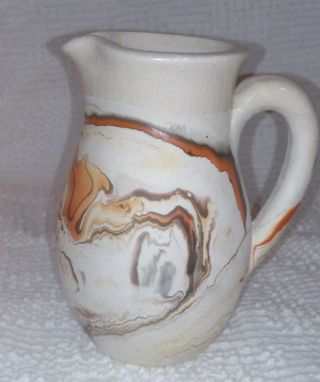 Vintage Nemadji Pottery Creamer,  Orange And Brown Swirl,  5 1/2 In