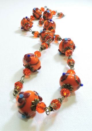 Vintage Orange W/ Red Blue Flowers Lampwork Art Glass Bead Necklace Au19165