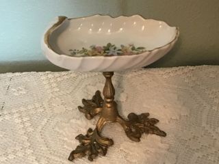 Vintage Pedestal Footed Porcelain Brass Soap Trinket Dish 5 1/4” P151