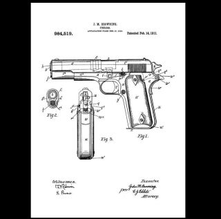 1911 Colt 45 Pistol Patent,  Drawing Design,  Art Print,  Military Gun,  Browning
