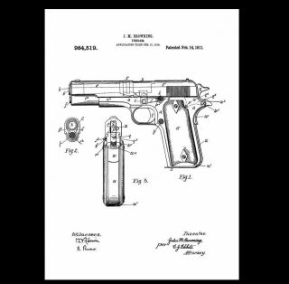1911 Colt 45 Pistol PATENT,  Drawing Design,  ART Print,  Military Gun,  Browning 2