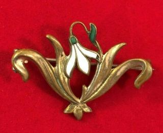 Vtg Art Nouveau Style Floral Enamel & Brass Pin Unmarked