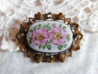 Vintage Pink Flowers Floral Brooch Pin Framed Hand - Painted Gilt Enamel 2 "