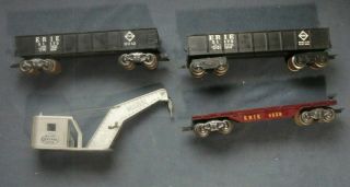 Vintage Marxs O Gauge Erie Train Cars (2) Coal Cars,  Flat Bed Hauler,  Crane
