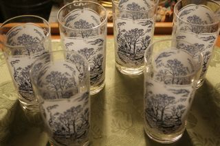 Vintage Currier And Ives Royal China 5 1/2” Glass Tumbler (6) Blue On White