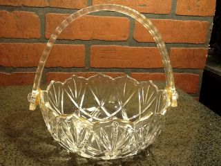 Pressed Glass Bowl/basket W/plastic Removable Handle - Fan Scalloped Gold Vintage