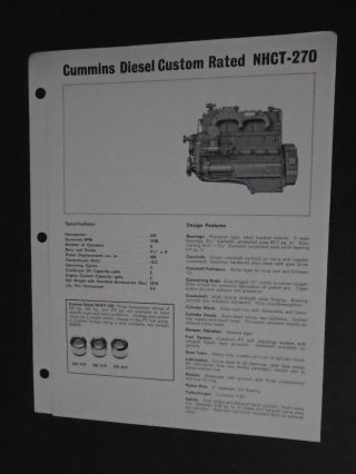 Vintage 1967 Cummins Diesel Nhct - 270 Truck Engine Dealership Sales Spec Sheet