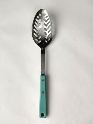 Vintage Ekco Forge Stainless Steel Slotted Spoon Turquoise Handle Usa