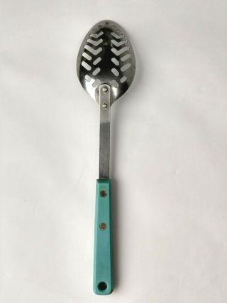 Vintage Ekco Forge Stainless Steel Slotted Spoon Turquoise Handle USA 2