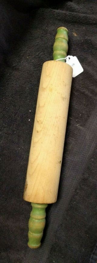 Vintage 15 " Wooden Rolling Pin With Green Handles