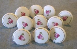 11 Vintage Porcelain Rose Knobs Cabinet Drawer Pulls Handles Desk Cupboard Japan