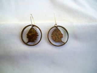 Vintage Real Cut Out Us Indian Head Penny Copper Coin Pierced Earrings
