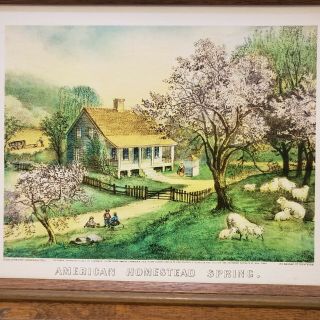 Vintage Currier And Ives American Homestead Spring Lithograph Print Wood Frame