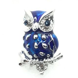 Vintage Owl Brooch Pin Blue Enamel Glass Rhinestone Wild Bird Costume Jewelry